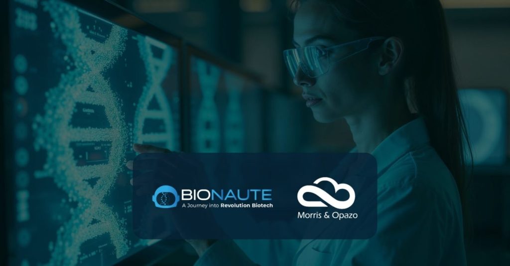 Scientist in a lab examining a blue-toned DNA screen with a translucent banner showing the BioNAUTE and Morris & Opazo logos.